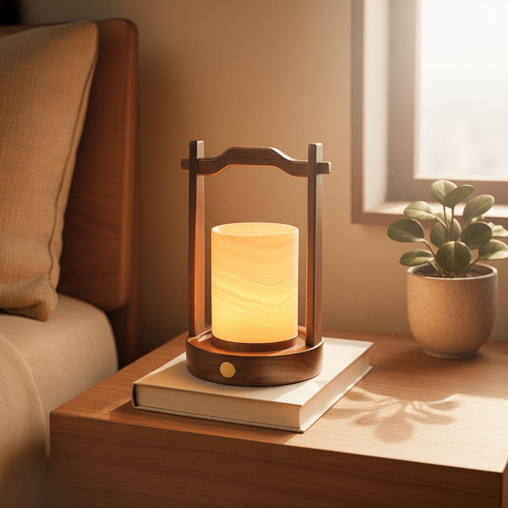 Lampada in Marmo Elegante con Struttura in Legno – Illuminazione d'Interni Compatta e Decorativa 11x11x22 cm 3
