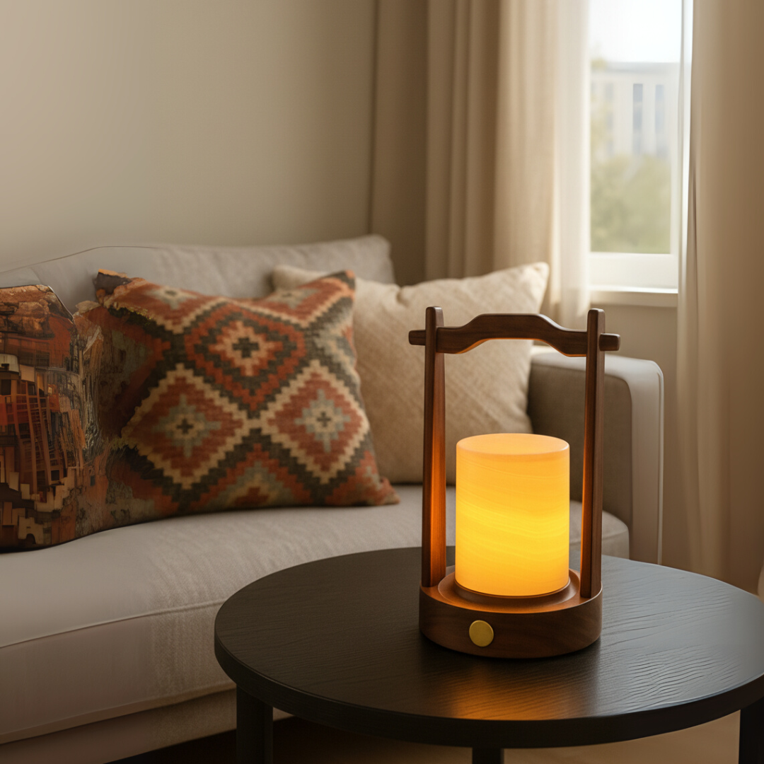 Lampada in Marmo Elegante con Struttura in Legno – Illuminazione d'Interni Compatta e Decorativa 11x11x22 cm 4